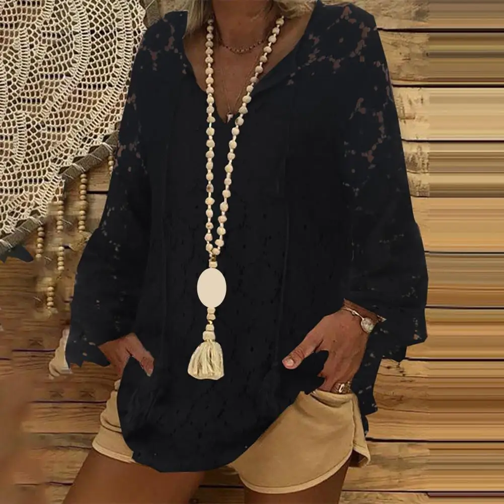 

Long Sleeve V Neck Casual Blouse Front Lace Up Lace Crochet Hollow Women Autumn Blouse Pullover Top