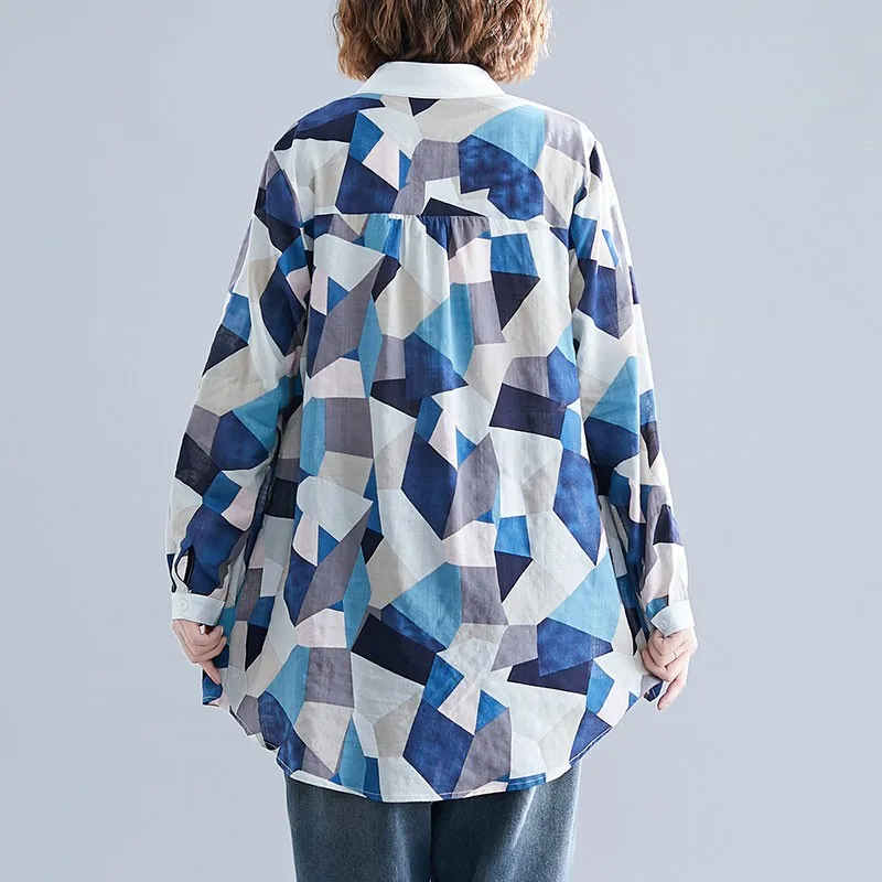

Oversized Women Loose Casual Shirts New 2021 Spring Korean Simple Style Vintage Print Female Cotton Linen Long Sleeve Tops S3012