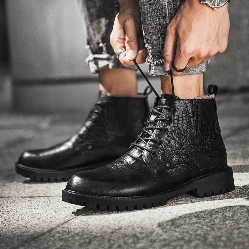 Мужские ботильоны из натуральной кожи черные ботинки с высоким берцем
