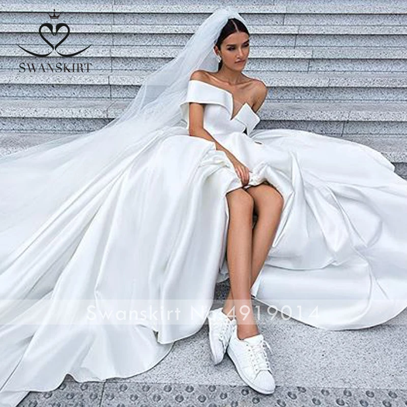 SwanSarah элегантное ТРАПЕЦИЕВИДНОЕ атласное платье свадебное 2021 с открытыми