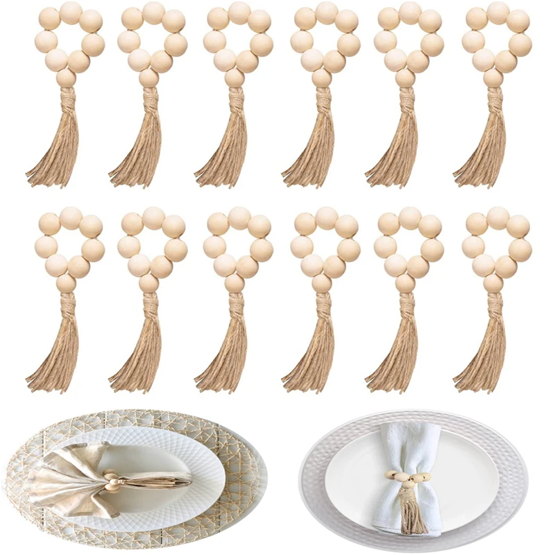 

12 шт. кольцо для салфеток ручной работы с деревянными бусинами, держатель для салфеток, кольцо с веревкой и кисточкой, настольное украшение ...