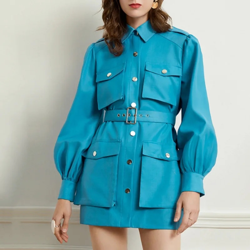 

Женское платье с длинным рукавом-фонариком DEAT, повседневное элегантное платье с большими карманами, платье голубого цвета с длинным рукаво...