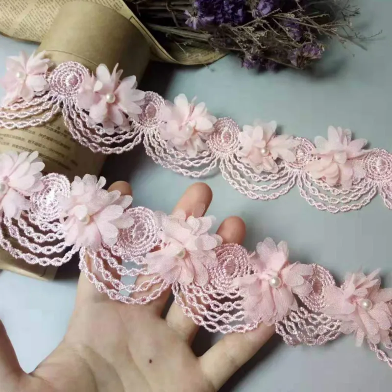 2 ярда розовый жемчуг кисточкой шифон с цветочной вышивкой кружевной отделкой