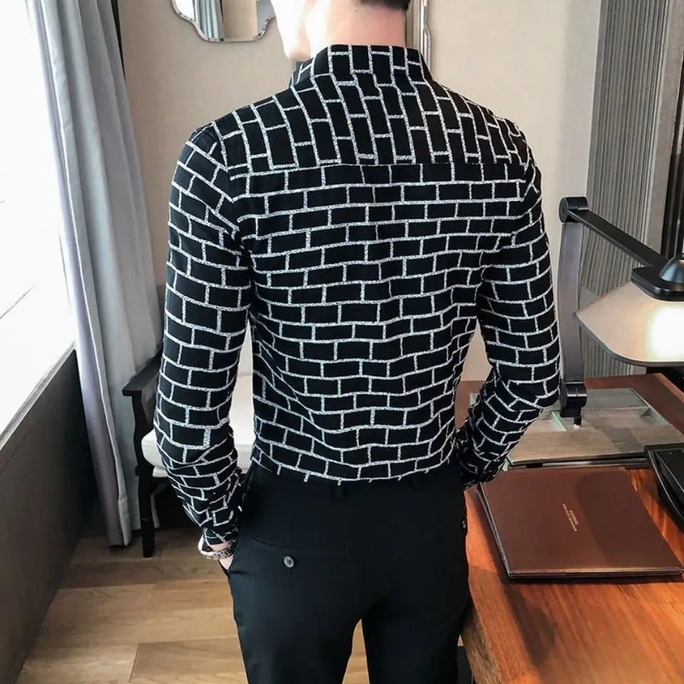 Autumn new 2021 Korean men's plaid long sleeve shirt slim trend casual fashion shirt non-ironing anti-wrinkle