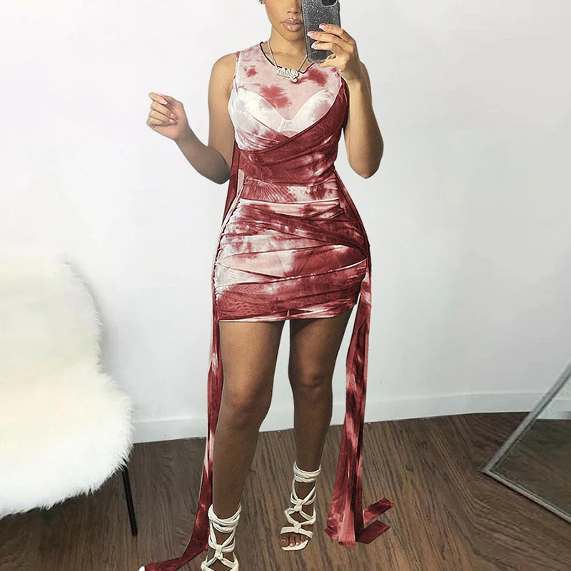 

Women Tie Dye Printed Sleeveless Pleated Bodycon Mini Dress