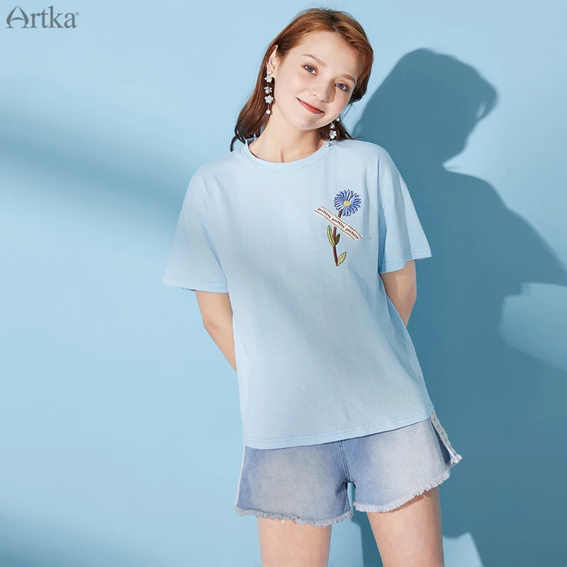 Женская футболка с круглым вырезом ARTKA свободная из чистого хлопка коротким