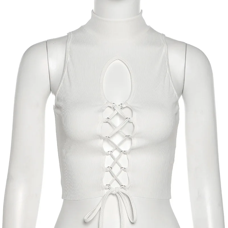 

Cryptographic Bandage Lace Up White Sexy Crop Tops for Women Sleeveless Backless Mock Neck Cropped Top Summer Tops Outfits Basic