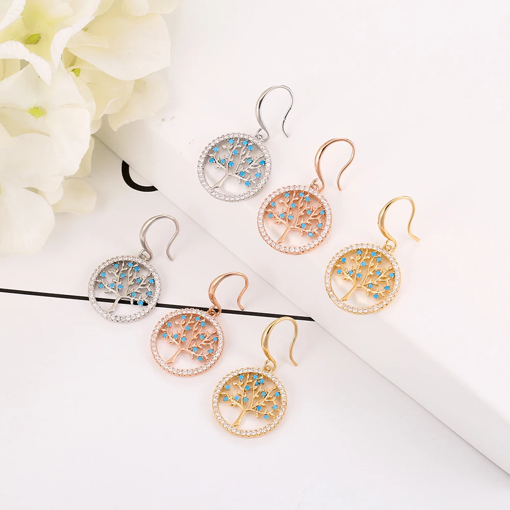 Модные изысканные серьги-подвески с кубическим цирконием и деревом жизни для