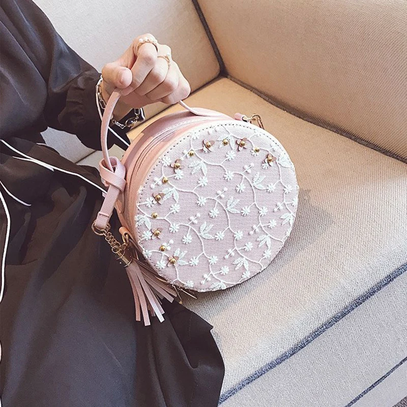 Милые кружевные круглые сумки высокое качество искусственная кожа женские через