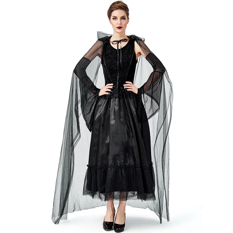 

Queen Halloween Black Gothic Witch Costume for Adult Women Carnival Fantasia Witch Cosplay Game Role Party Funny Dress Witch