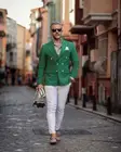 Пиджак мужской облегающий, летний, зеленый, белый, со штанами