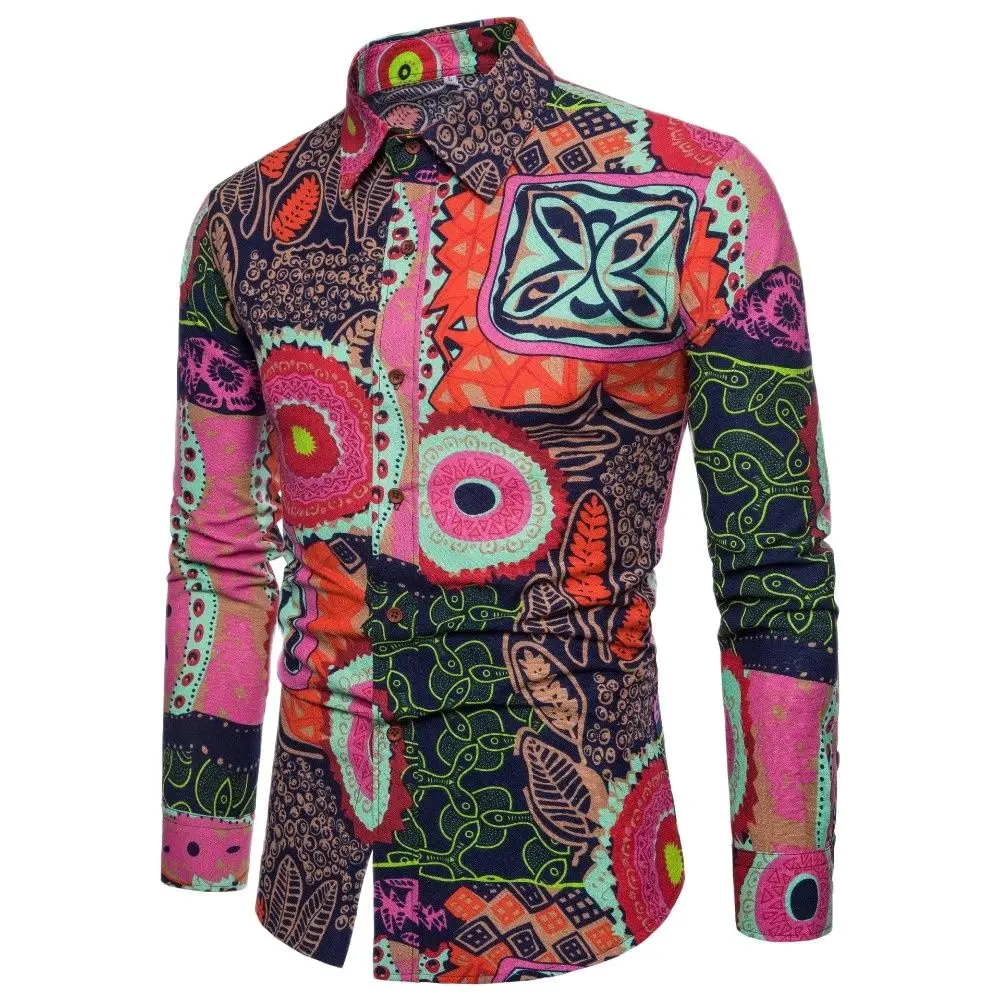

Fashion Spring Autumn Casual Men Shirt Slim Fit Flower Print Linen Shirt Long-sleeved Shirts Male Floral Social Masculina