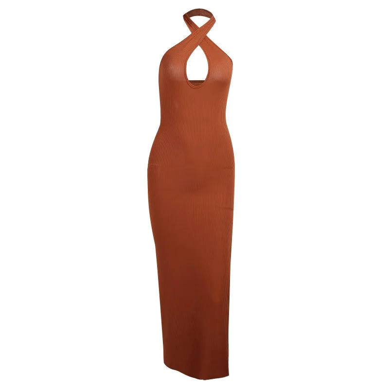 

2021 Round Neck Knit Dress Bodycon Brown Women's Halter Halter Backless Bandage Summer Beach Sleeveless Sexy Long Dress Y2K