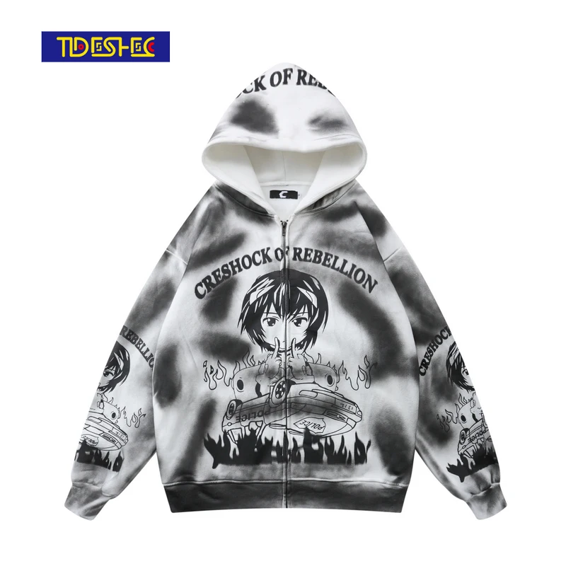 

Толстовка TIDESHEC мужская с капюшоном, свободная куртка в стиле хип-хоп, с принтом аниме и граффити, осенняя верхняя одежда на молнии в стиле Ха...