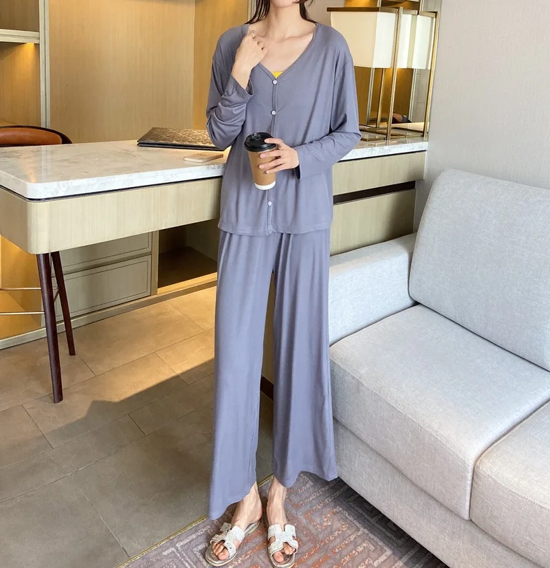 Spring Autumn New Cardigan Wide Leg Pants Women's Pajamas Korean Version Thin Large Loose 2Pcs Set Female Sleepwear Homewear