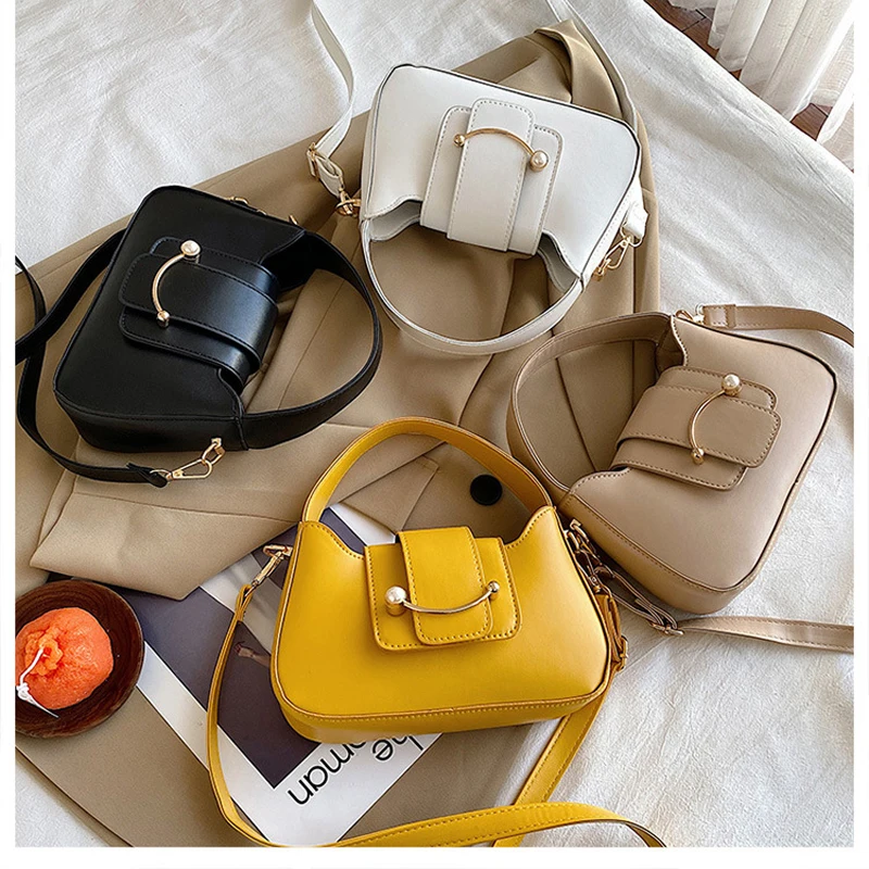 

Сумка-багет 8 дюймов, сумка через плечо из искусственной кожи с жемчугом и улыбкой, женская модная сумка через плечо