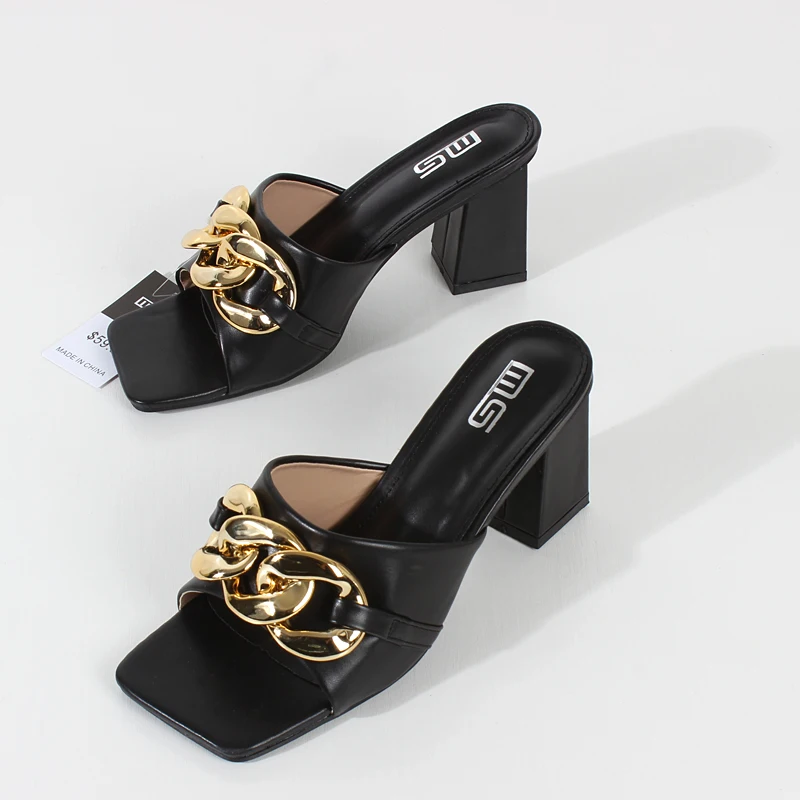 

Summer women's sandals 2021 new high-heeled sandals chain metal decoration Square heel fashion comfortable women's shoes 7cm