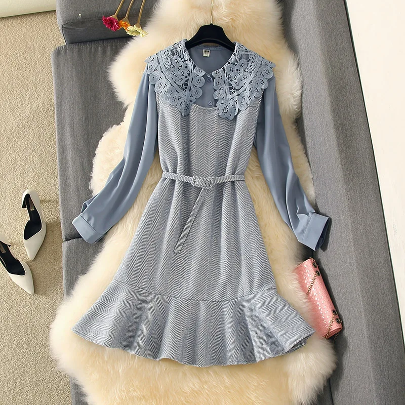 2019 осенне зимнее платье Женский комплект 2 шт. элегантное кружевное синее