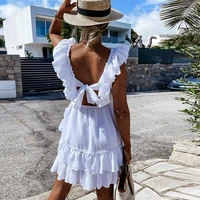 women elegant solid color ruffled dress white 2021 summer sexy sleeveless bandage dress dress beach casual cotton linen vestidos