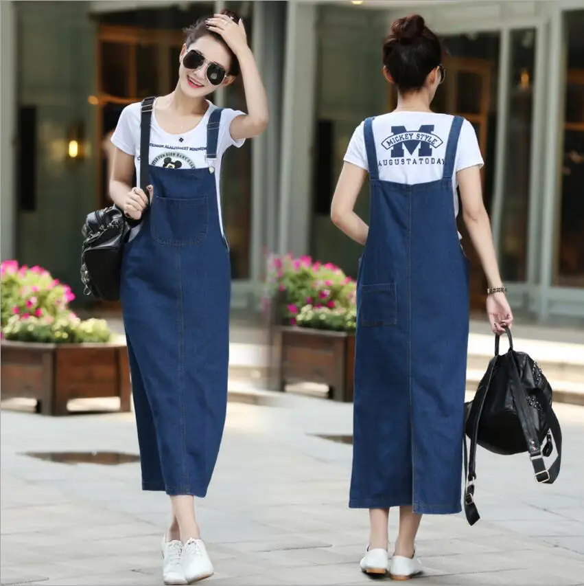 2020 New Fashion Women Ladies Long Denim Strap Solid Jean Dress Loose fitting Sleeveless Overalls Dungarees Sundress|Женские платья| |