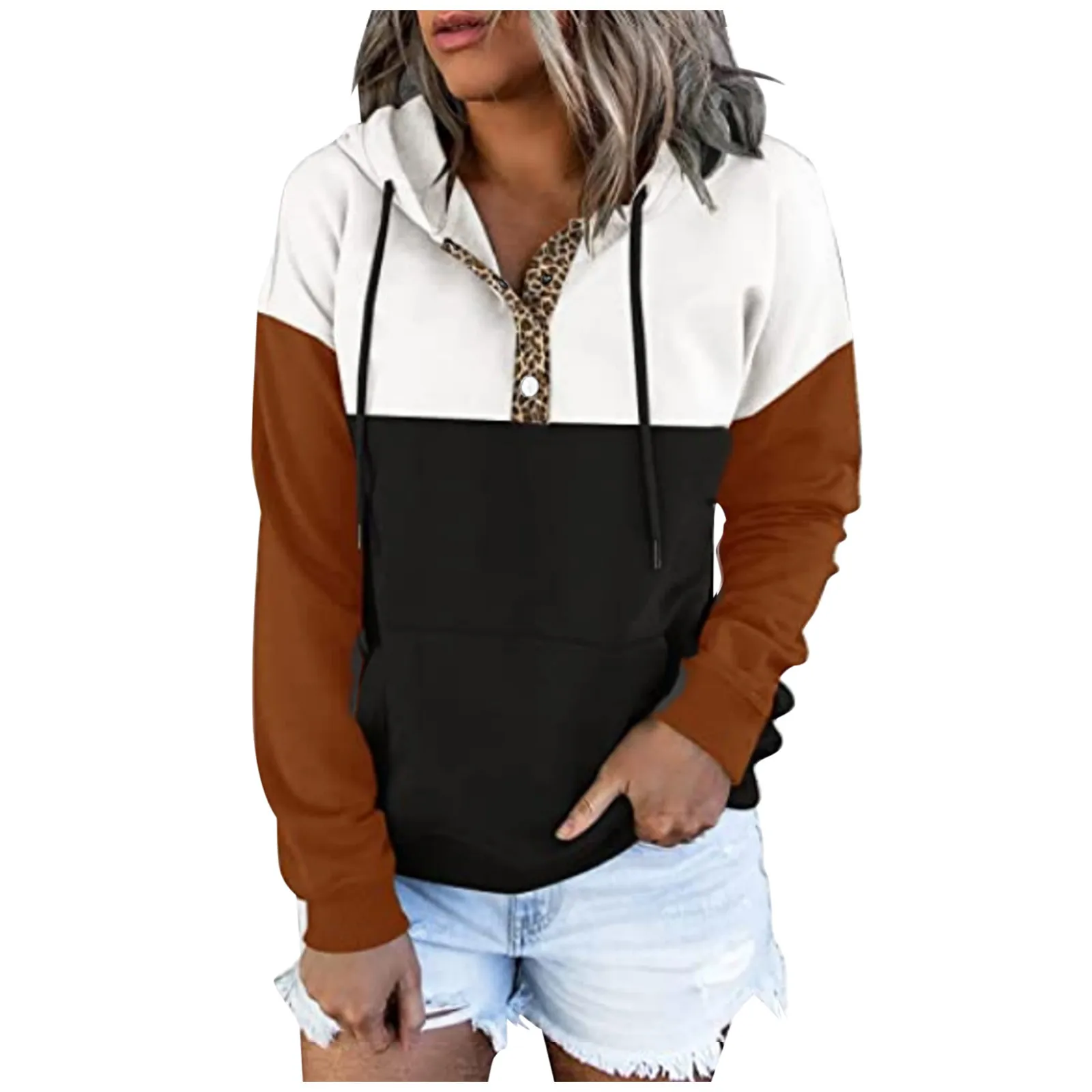 

Leopard Print Patchwork Sweatshirts Women Casual Button Down Hoodies Pullover Drawstring Hooded Pocket Long Sleeve Sweatshirt