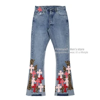 firmranch new leather redpinkleopard cross jeans for menwomen 2021 high street bell bottom jeans blue bootcut denim pant moto