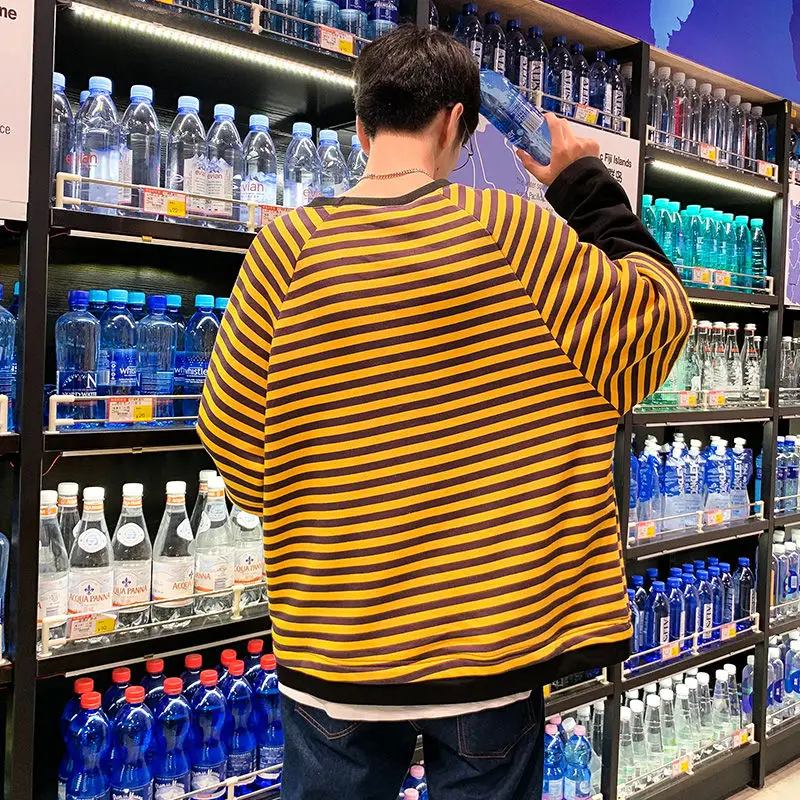 

Fashion Mens Fake Two Piece Hoodie Hip Hop Striped Long Sleeve Hoodies Korean Style BF Loose Fit Streetwear For Male