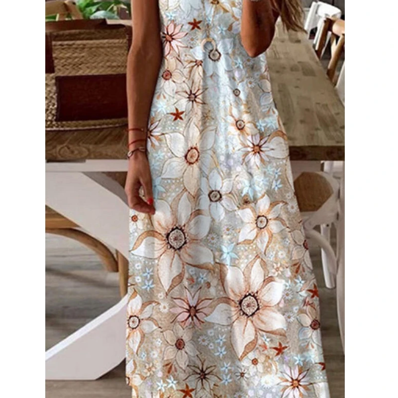 

WEPBEL Dress Women's Sexy Spaghetti Strap Flower Print Dress Summer Casual Sleeveless Slim V-neck High Waist Dress