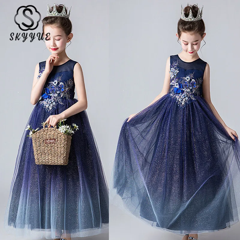 Skyyue/детское свадебное платье для девочек темно синее блестящее фатиновое
