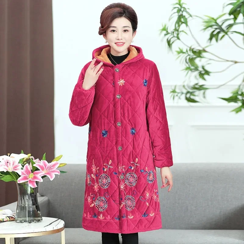 2022 Middle-aged Elderly Winter Three-layer Velvet Cotton Adult Overalls Female Mothers Loose Korean Mid-length Coats A665