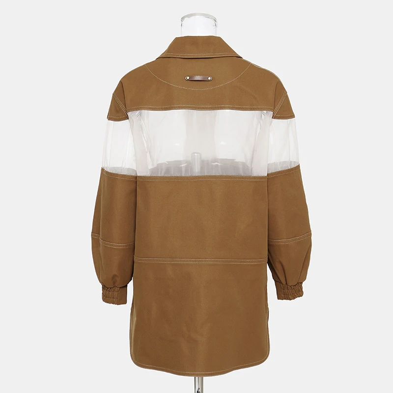 

VGH Hit Color Loose Jacket For Women Lapel Lantern Long Sleeve Double Breasted Patchwork Casual Jacket 2021 Spring New Fashion