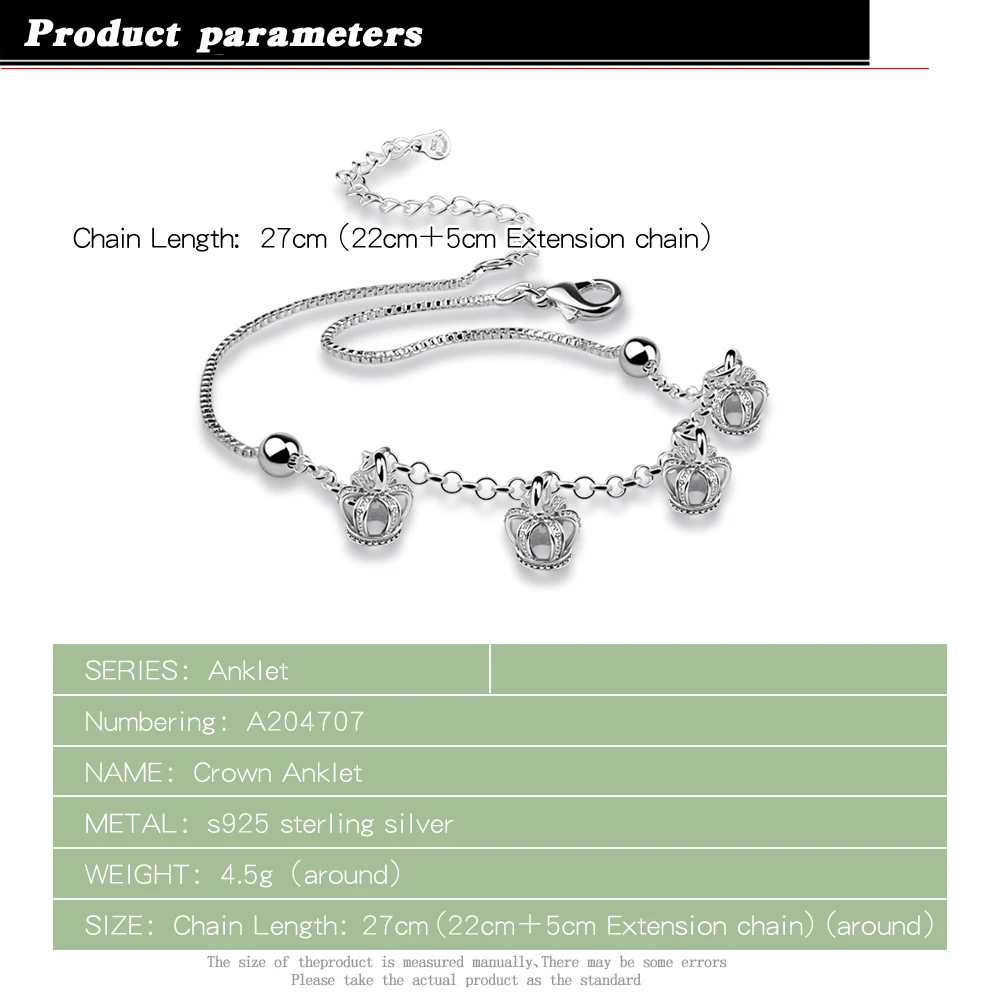 Fashion women silver anklet 925 sterling ankle bracelet summer beach jewelry original crown sandals bijoux | Украшения и