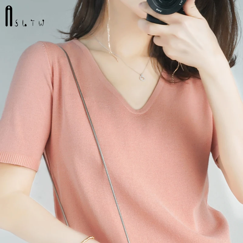 ASLTW Women T-shirt New Arrivals Summer Short Sleeve Woman Clothes Tops Ice silk Soft Thin Knitted Vintage Female Tee Shirt | Женская