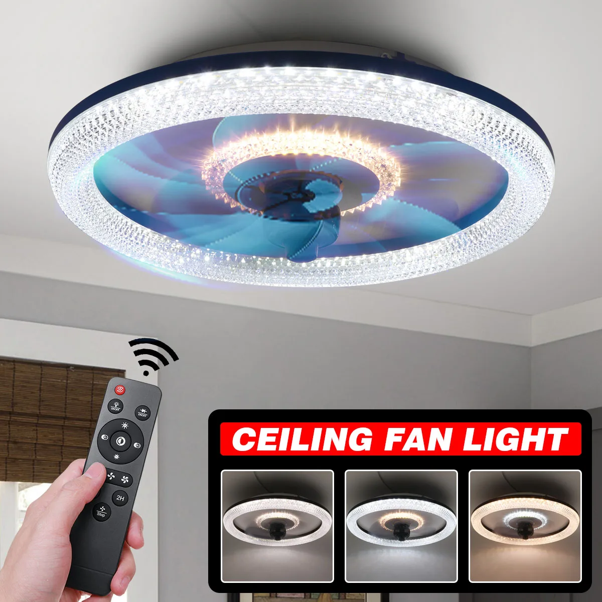 

48cm WiFi Crystal Led Ceiling Fan Light Ceiling Fan with Lights Remote Control Modern Lighting three-color Dimming Ceiling Light