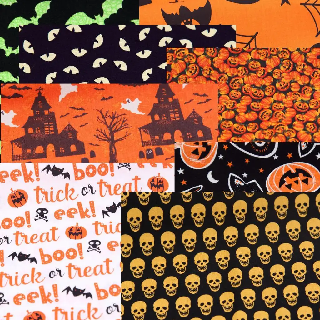 

8Pcs Halloween Pumpkin Cat Owls Skull Printed Cotton Fabric For Handmade Sewing