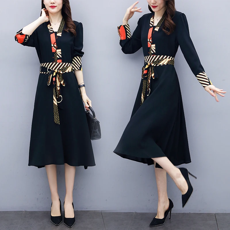 Новинка весны 2020 женское черное платье большого размера с длинным рукавом