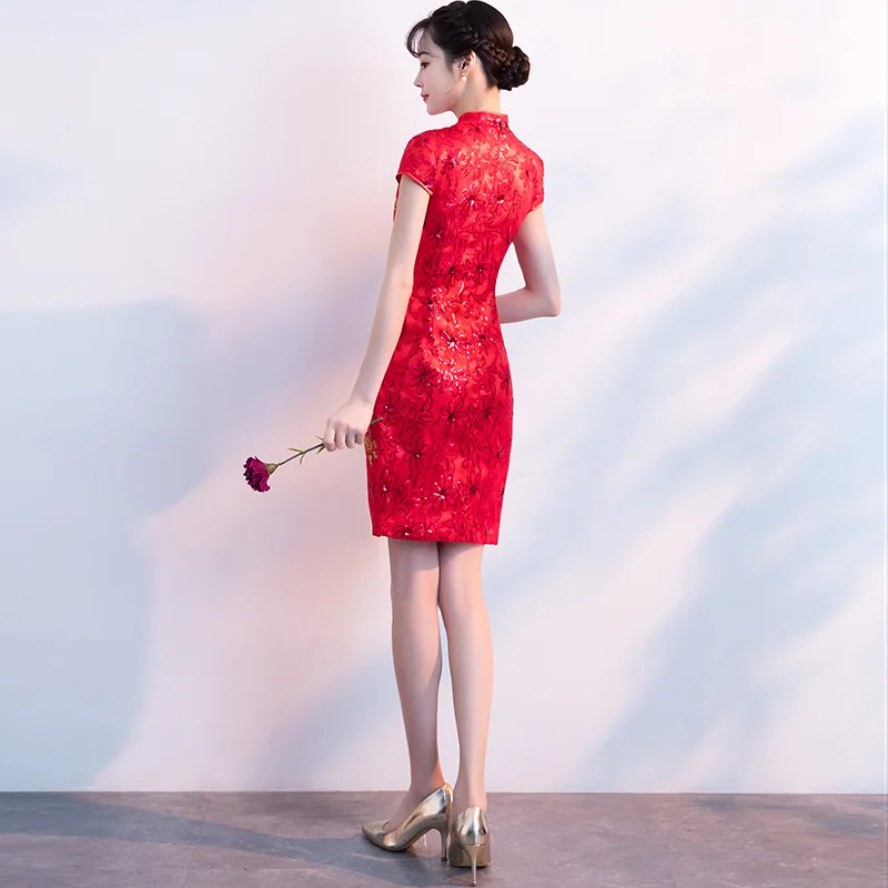 

Chinese Style Women Red Peacock Wedding Qipao Handmade Button Retro Cheongsam Toast Clothes Summer Mini Sexy Evening Dress