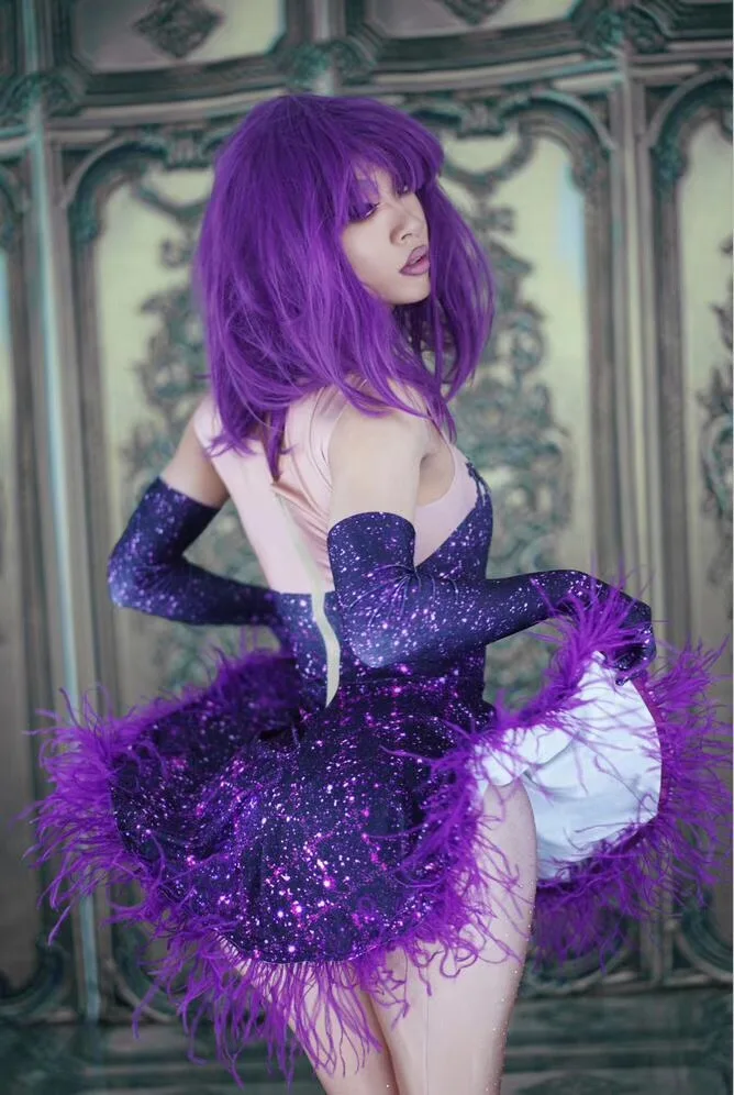 Nightclub Bar Party Show Stage Wear Performance Rave Clothes Purple Crystal Feather Mini Dress Sexy Women Ballroom Dance Costume |