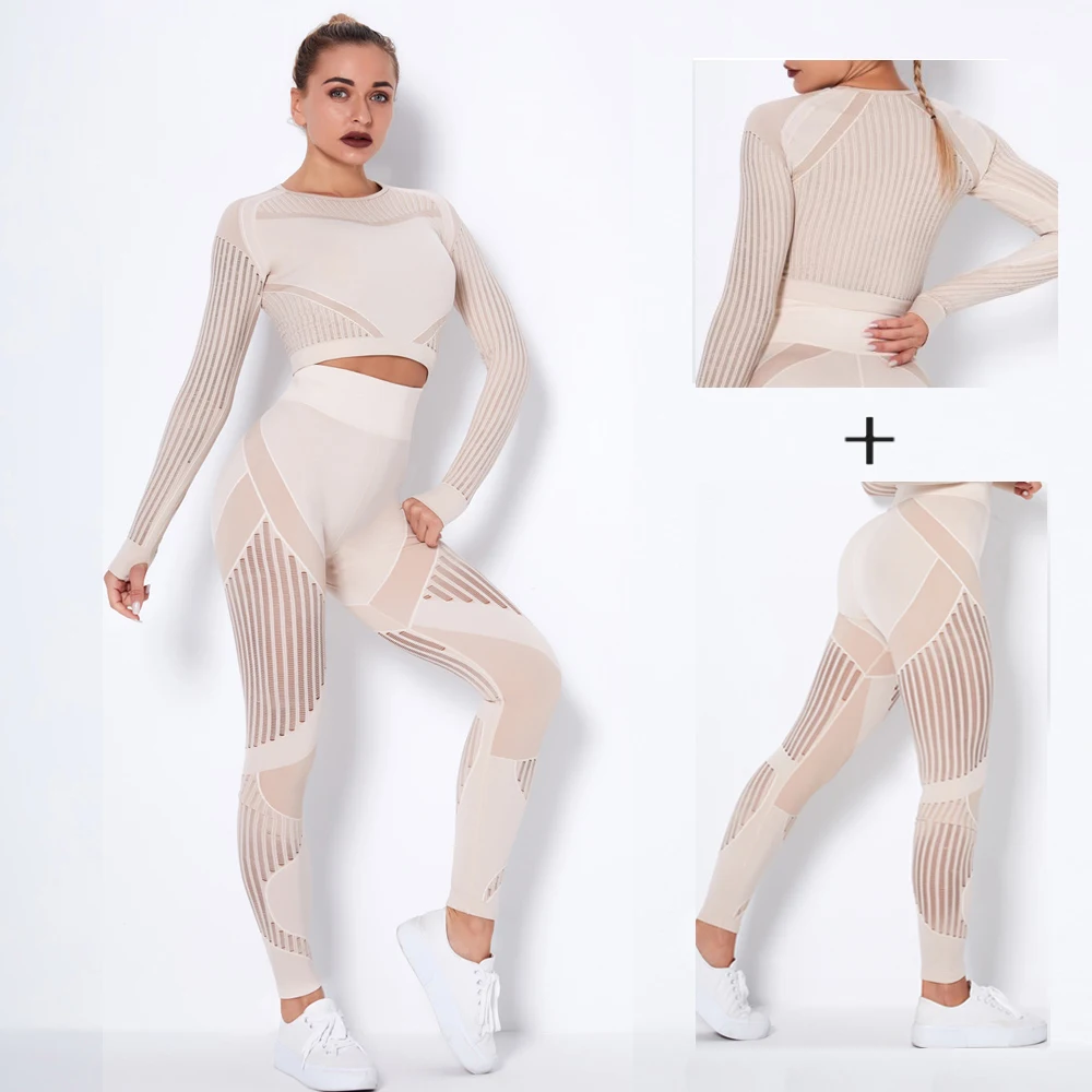 

Seamless Yoga Set Women Sport Suits For Fitness 2pcs Workout Sportswear Gym Clothing High Waist Leggings+Long Sleeve Sports Top