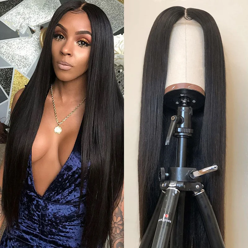 

Women's long straight hair wig natural black split bangs straight hair full head cover