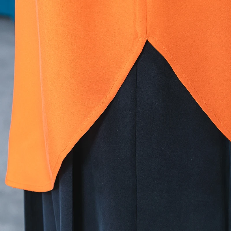 Verkauf VOA 2021 Sommer Seide Polo-Neck Bluse Fliegen Ärmeln Orange Tops BE556 Einreihige Multi-taste Gebogene Saum Lose Plus Größe Shirts