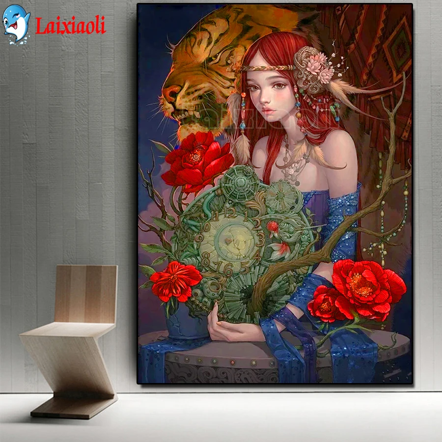 

5D DIY diamond painting cartoon Girl with tiger,Home decoration cross stitch full square round diamond Emeroidery Custom Photo,