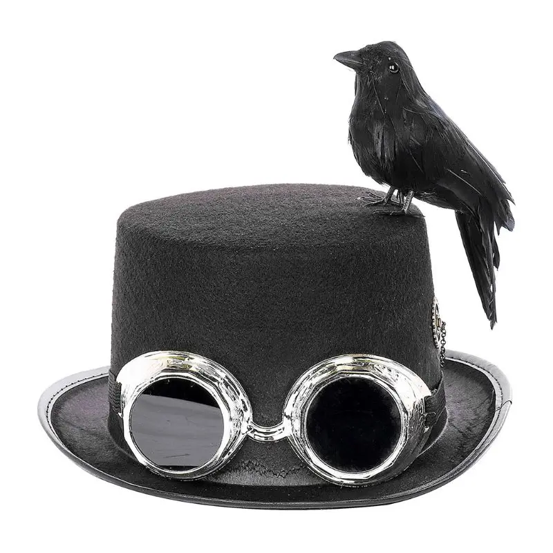 

Unisex Heavy Metal Music Festival Top Hat Carnival Retro Gothic Steampunk Cosplay Black Jazz Cap with Crow Goggles