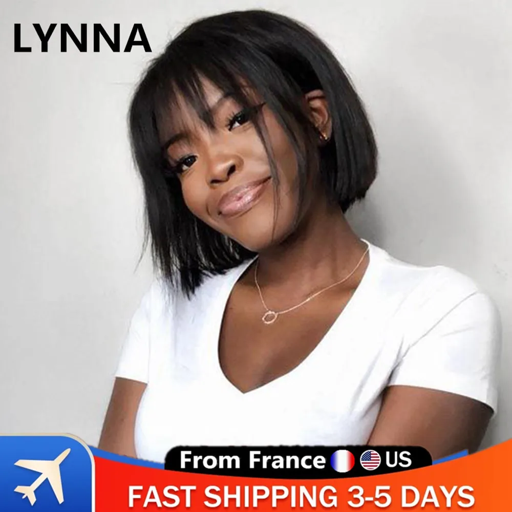 Парик короткий прямой с челкой парик из человеческих волос без клея полностью