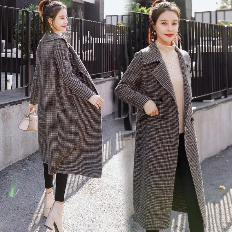 2021 Women Autumn Winter Vintage Wool Outerwear Lady Plaid Long Sleeve Double Breasted Mid-long Jackets Female Causal Coats F226