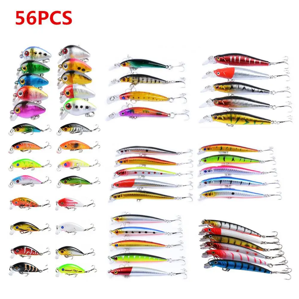 

56 Pcs/set Fishing Lure Minnow Simulation Crank Baits Plastic Hard Bait Colorful Quality Artificial Tackle Fishing Accessories