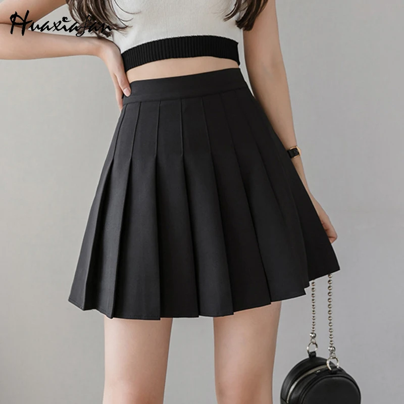 

Huaxiafan Mini Skirts Women Summer with Lining Solid Zipper Harajuku JK Uniform Girls Colourful Pleated Skirt Female 2021 Bottom