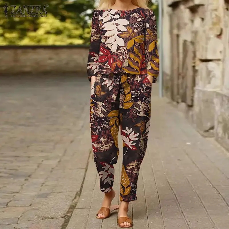 

2022 ZANZEA, женские винтажные комплекты со штанами с длинным рукавом и цветочным принтом, повседневные хлопковые костюмы, свободные длинные брю...