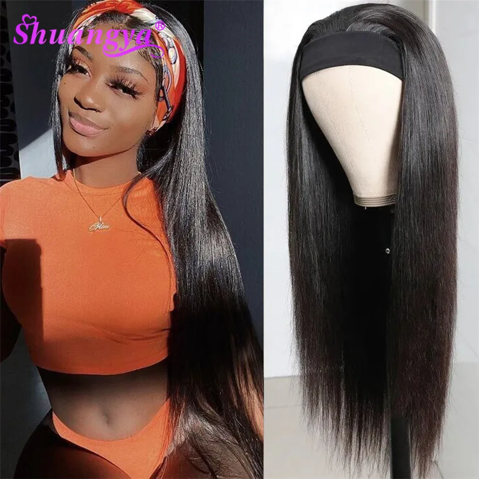 Парик с головной повязкой человеческие волосы прямые для женщин черный цвет
