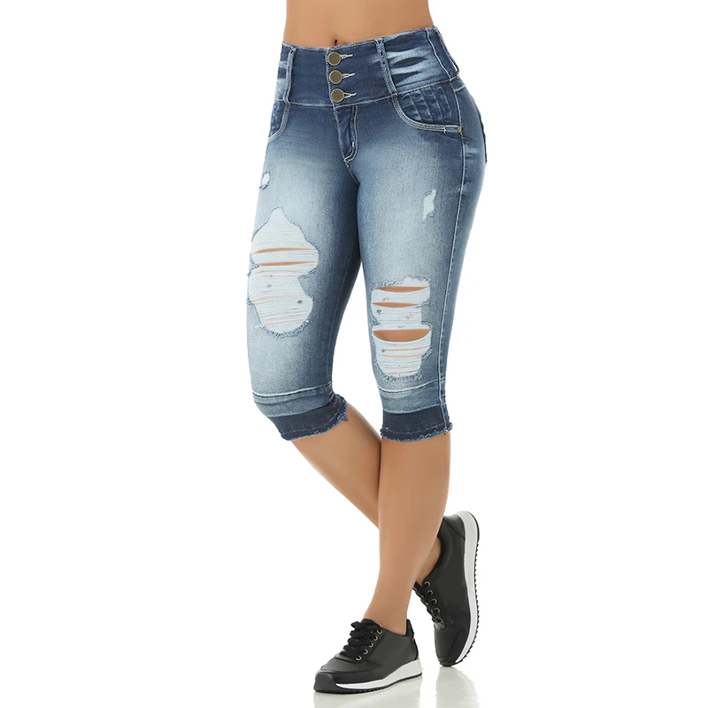 

New Summer Women Button Zipper Plus Size Elastic Destroyed Hole Leggings Short Pants Denim Shorts Ripped Jeans Blue Capri pants
